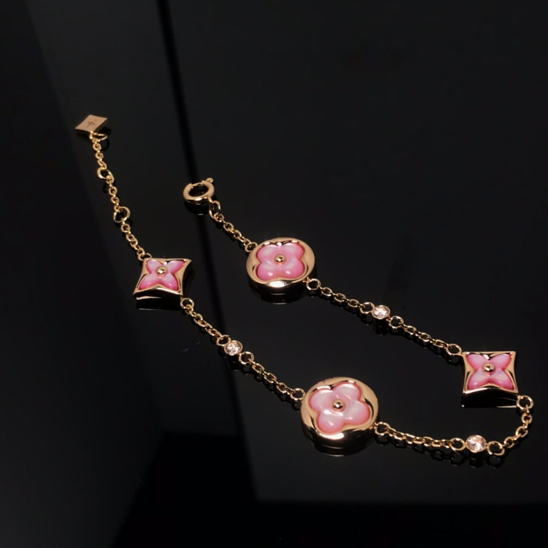 [Star Jewelry]STAR AND SUN 4 MOTIF PINK MOP PINK GOLD BRACELET