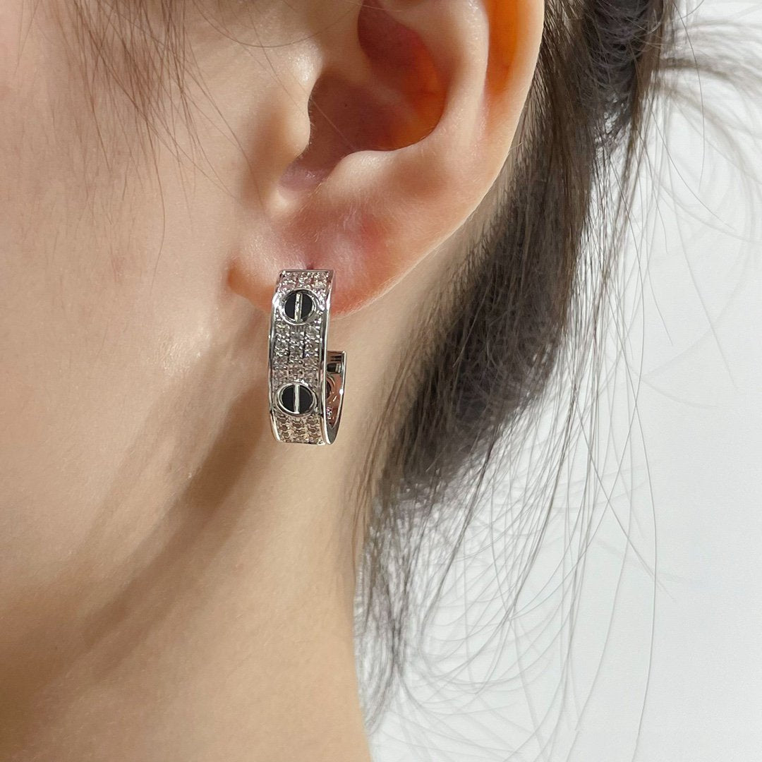 [Star Jewelry]LOVE CERAMIC DIAMOND PAVED SILVER EARRINGS