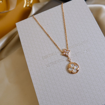 [Star Jewelry]STAR AND SUN WHITE MOP 2 MOTIF PINK GOLD NECKLACE