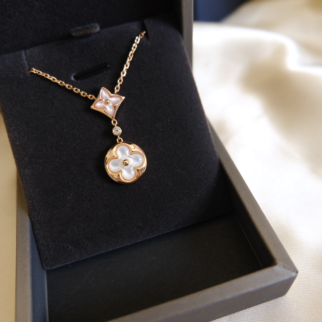 [Star Jewelry]STAR AND SUN WHITE MOP 2 MOTIF PINK GOLD NECKLACE