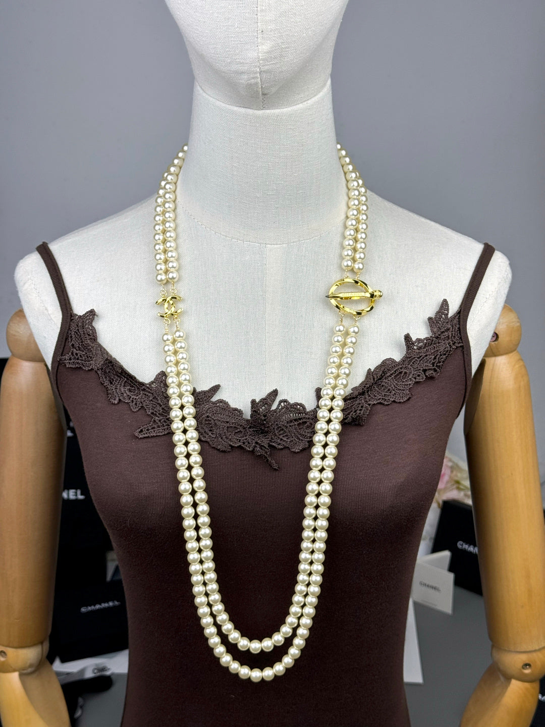 [Star Jewelry]25K Pencil Double C Double-Layer Pearl Sweater Chain