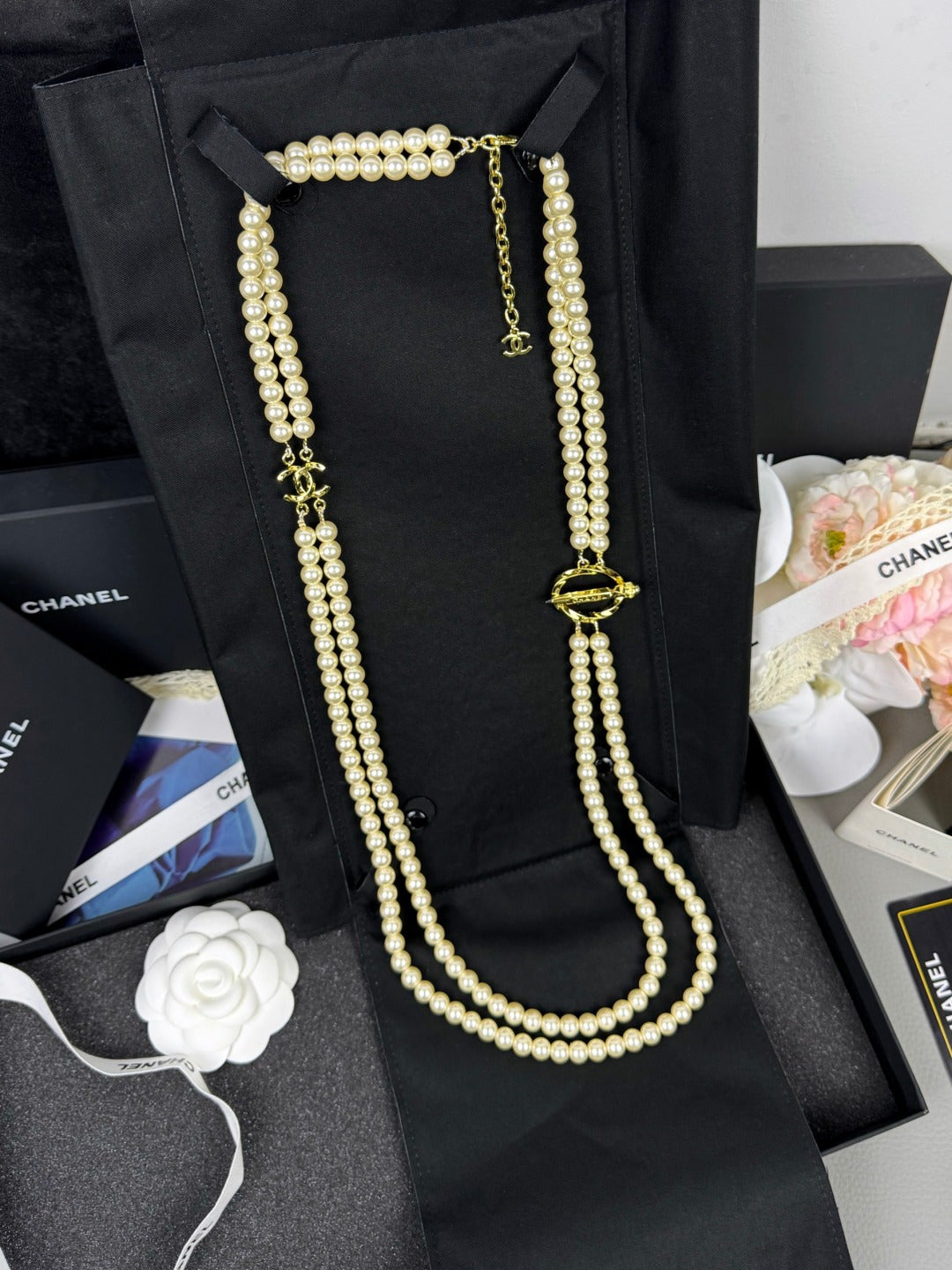 [Star Jewelry]25K Pencil Double C Double-Layer Pearl Sweater Chain
