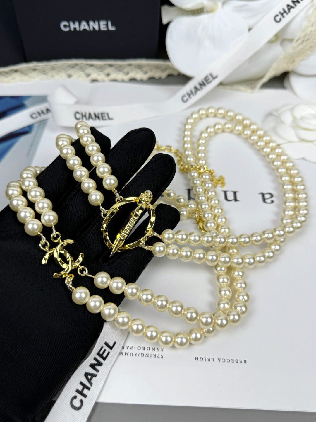 [Star Jewelry]25K Pencil Double C Double-Layer Pearl Sweater Chain