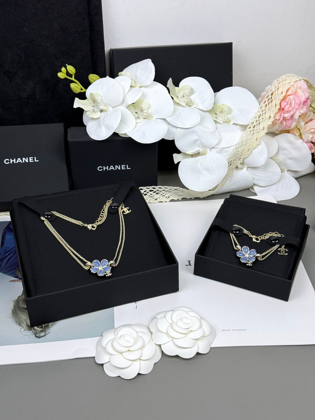 [Star Jewelry]New Blue Floral Double-Layer Necklace
