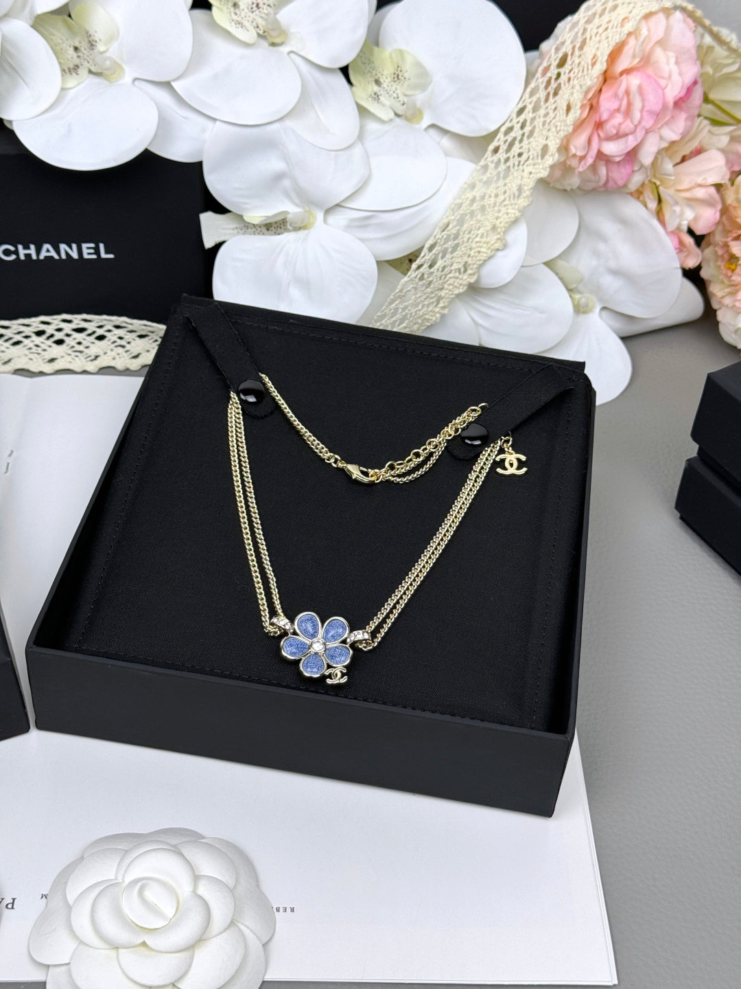 [Star Jewelry]New Blue Floral Double-Layer Necklace