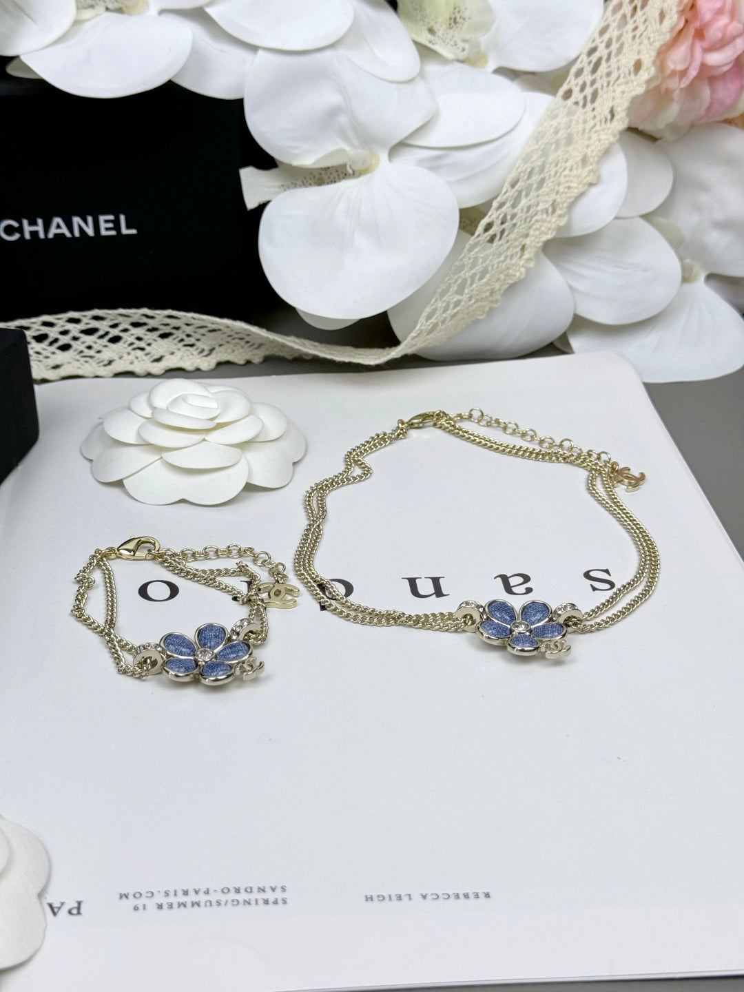 [Star Jewelry]New Blue Floral Double-Layer Necklace