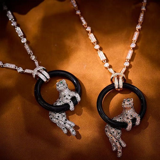 [Star Jewelry jewelrys]NEW BLACK CIRCLE PANTHER FULL DIAMOND NECKLACE
